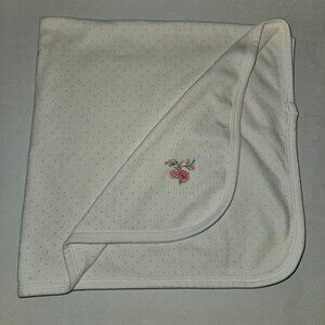 Little Me White Pink Polka Dot Baby Blanket Embroidered Flowers 100% Cotton